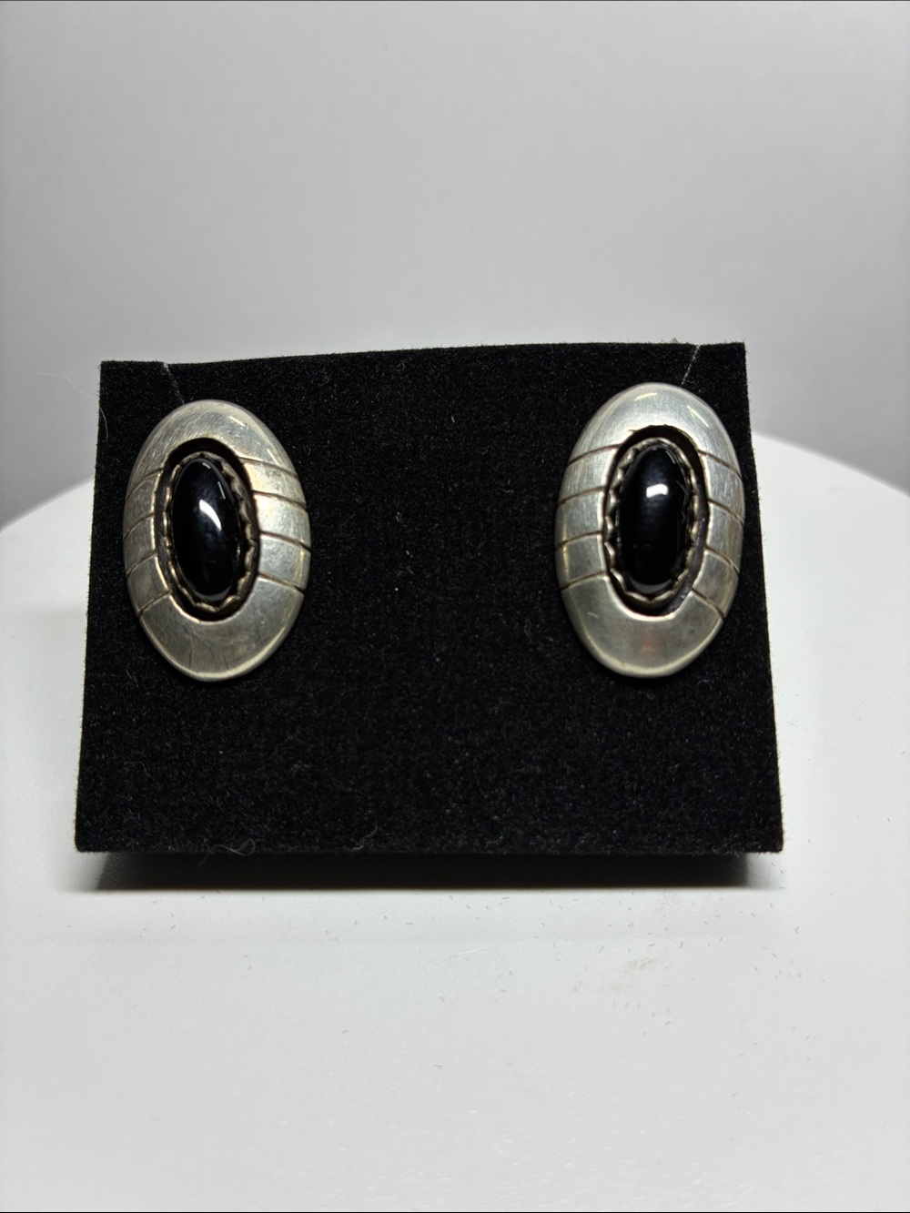 Vintage Sterling Silver Black Onyx Oval Stud Earrings
